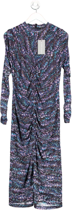 Oliver Bonas Blue Feather Print Mesh Midi Dress UK 10