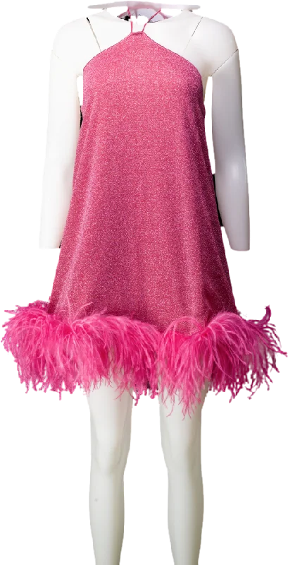 Oséree Pink Lumiere Feather Trimmed Metallic Stretch-knit Halter Mini Dress UK S