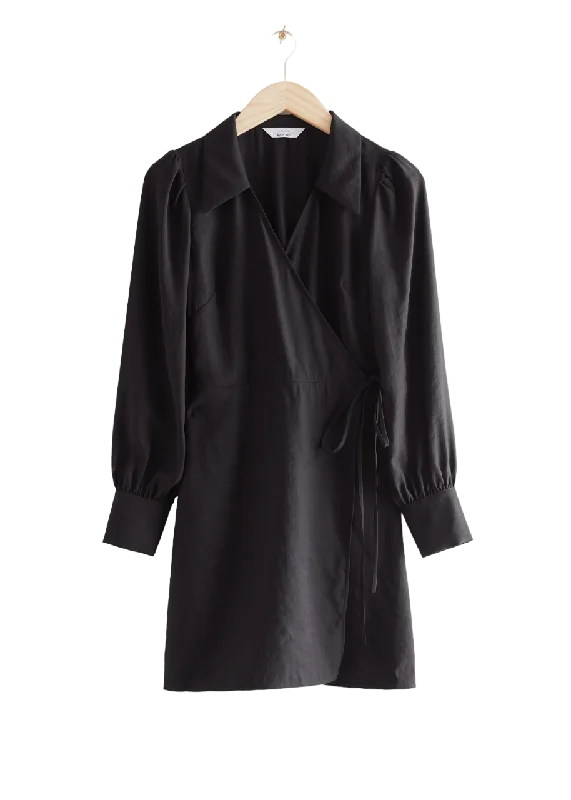 & Other Stories Black Tencel Modal Collared Wrap Mini Dress BNWT UK 14