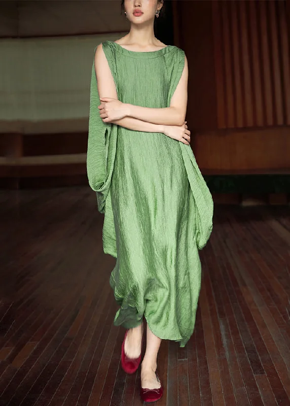 Plus Size Green O Neck Solid Cotton Long Dress Batwing Sleeve EE1049