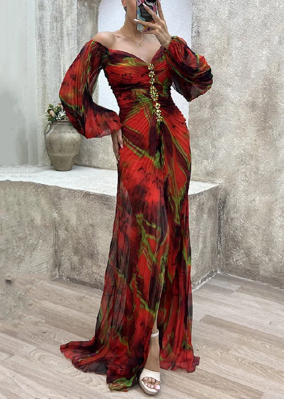 Red Side Open Cotton Long Dresses V Neck  Long Sleeve WW1055