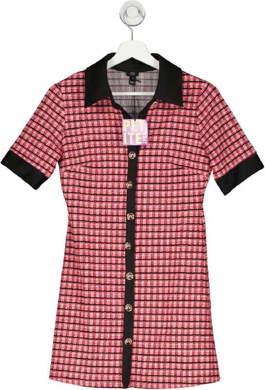 River Island Petite Pink Check Boucle Mini Shirt Dress UK 6