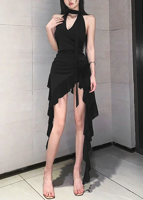 Sexy Black V Neck Lace Up Cotton Mid Dress Sleeveless EE1037