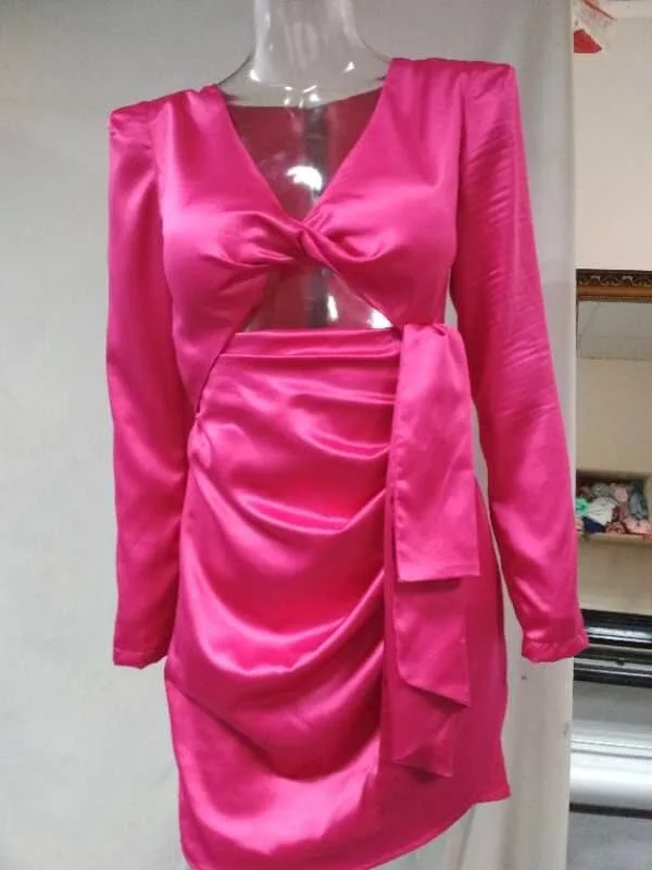 Sexy Deep V Fushia Pink Long Sleeve Draped Dress