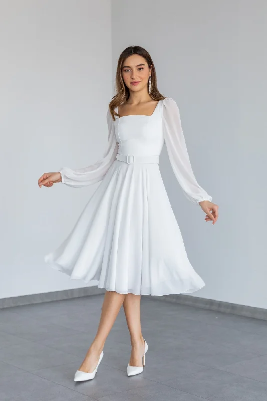 Square Neck Belted Chiffon Dress - white REF : BCW506ELB0001100