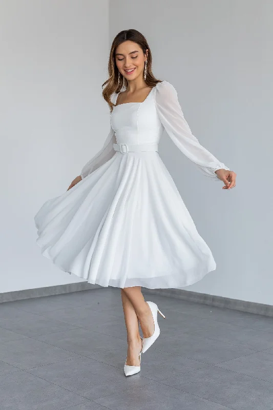 Square Neck Belted Chiffon Dress - white REF : BCW506ELB0001100