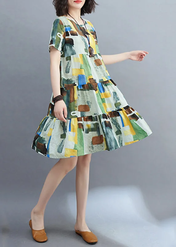 Style Colorblock Ruffled Patchwork Mid Dress Short Sleeve VB1018