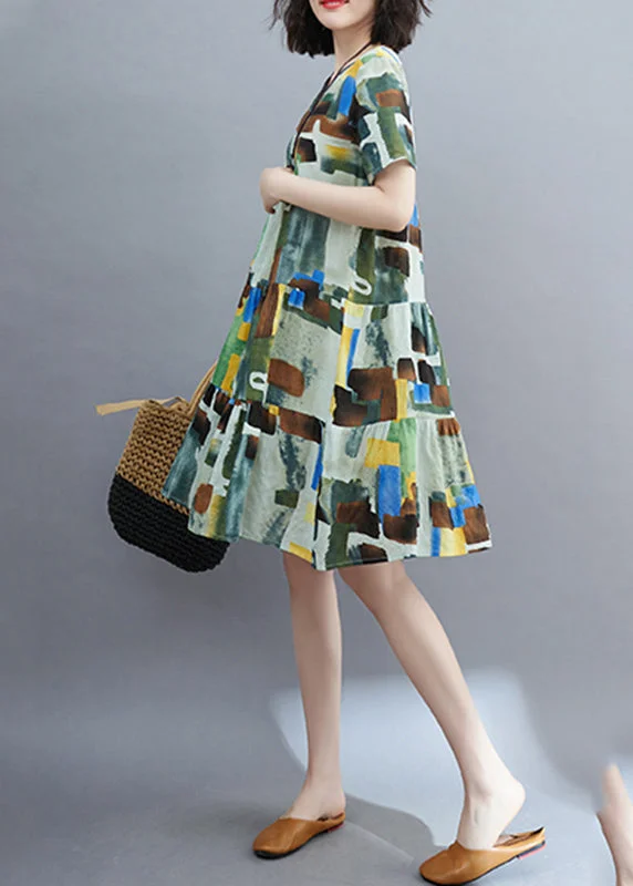 Style Colorblock Ruffled Patchwork Mid Dress Short Sleeve VB1018