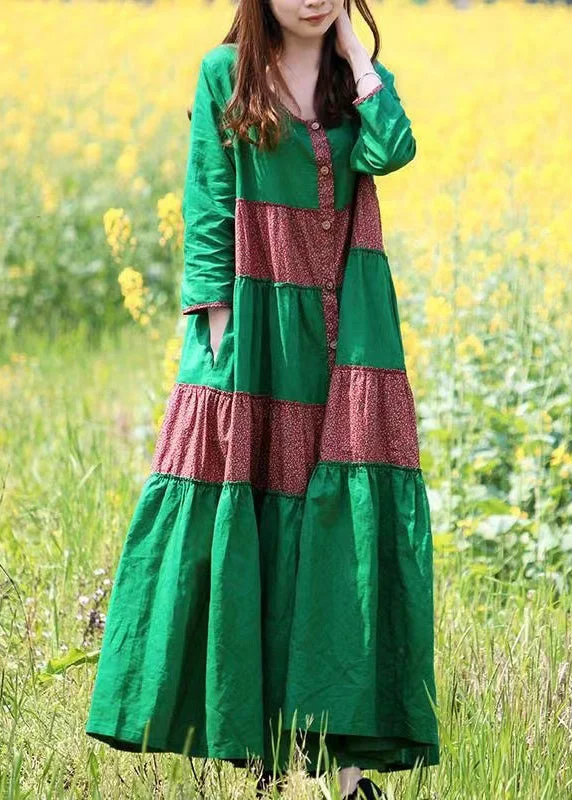 Style Green Print Pockets Maxi Dress Long Sleeve VB1029