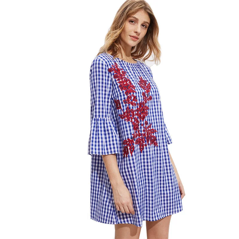 Summer Dress Fluted Sleeve Vine Embroidered Gingham Dress Three Quarter Sleeve