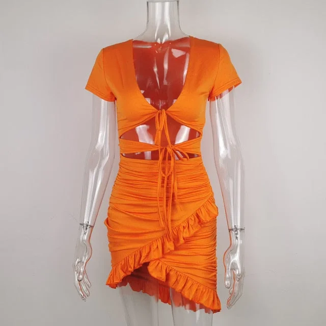 Summer Orange Mini Dress Sexy High Cut Hollow Out Lace Up Ruched Wrap Dress Chic Ruffles Outfit