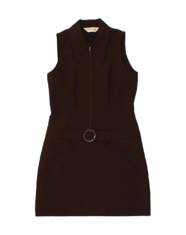 TOPSHOP Womens Sleeveless Shirt Dress UK 8 Small Brown Polyester