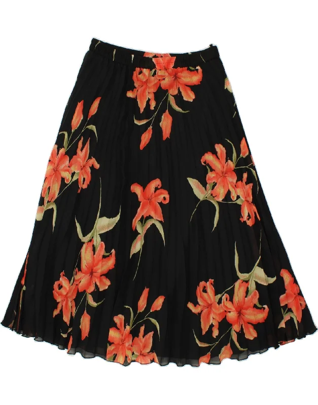 VINTAGE Womens Pleated Skirt EU 42 Large W32 Black Floral Polyester