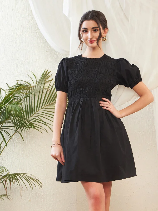 Women Black Poplin Smocked Gathered Dress