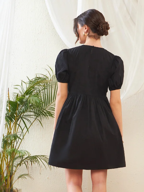 Women Black Poplin Smocked Gathered Dress