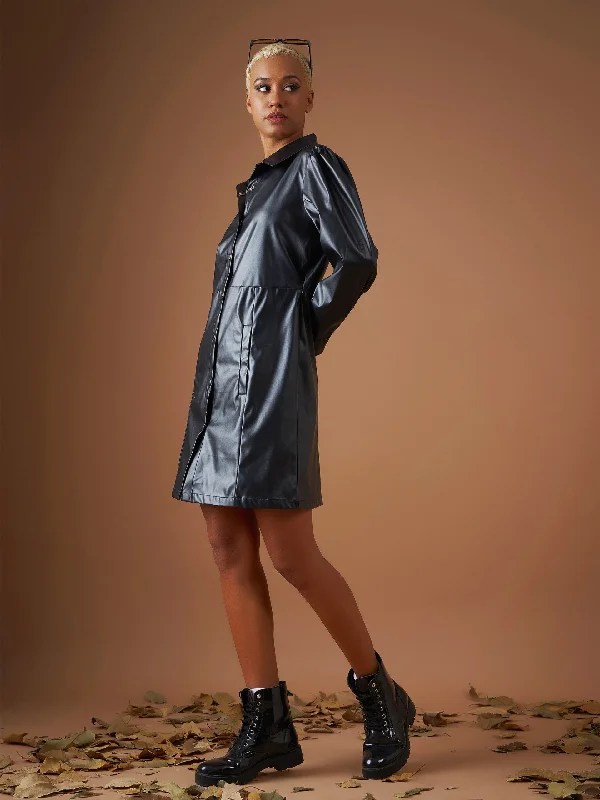 Women Black PU Shirt Dress