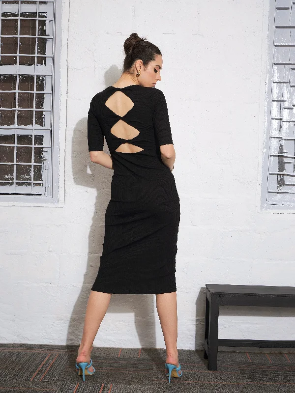 Women Black Rib Twisted Back Cut Out Bodycon Dress