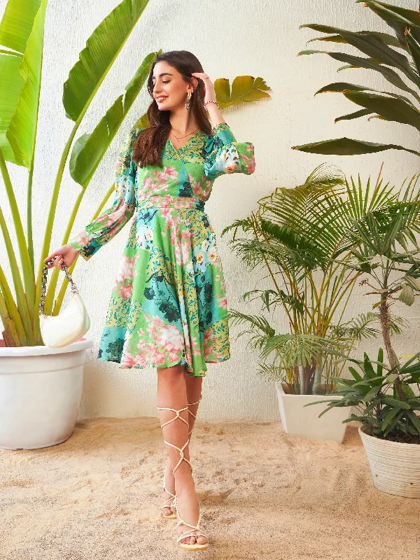 Women Green Placement Floral Wrap Neck Dress