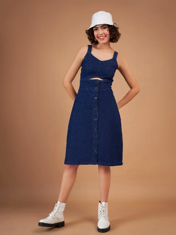 Women Navy Denim Wash Strappy Dress