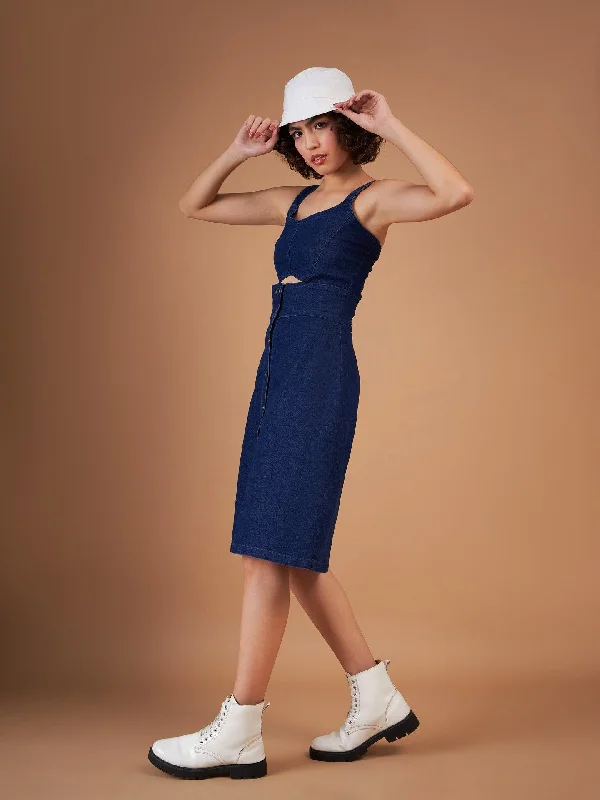 Women Navy Denim Wash Strappy Dress