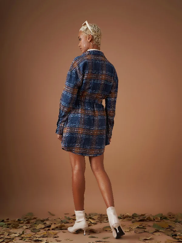 Women Navy Flannel Check Belted Shirt Dress