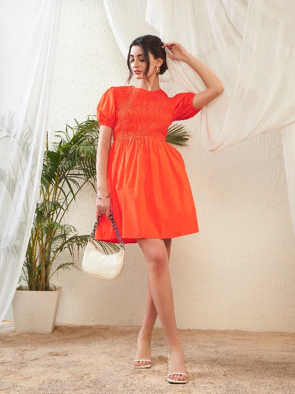 Women Orange Poplin Smocked Gathered Dress