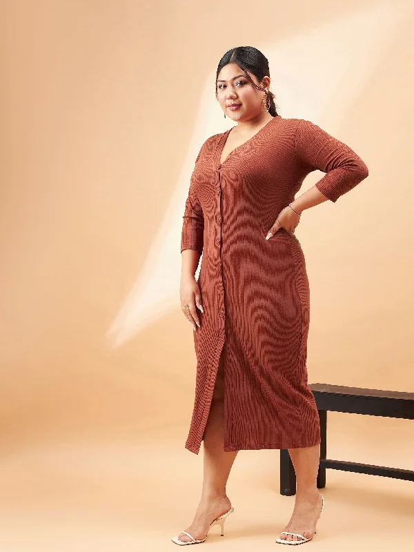 Women Rust Rib Front Button V-Neck Midi Dress