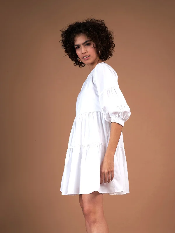 Women White Poplin Drop Shoulder Tiered Mini Dress