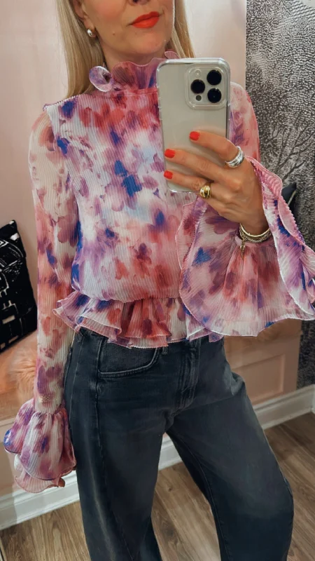 Optic Blossom Chiffon Ruffle Top