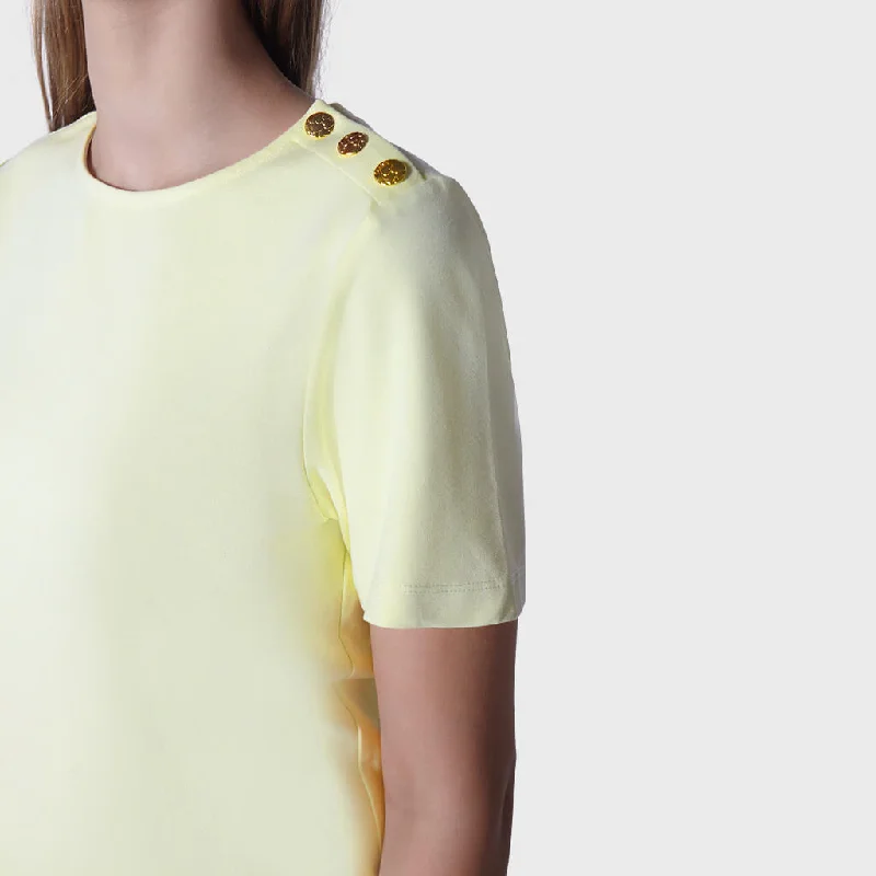 “Hearts” Button-embellished Modern Cut T-shirt in Sunlit Yellow