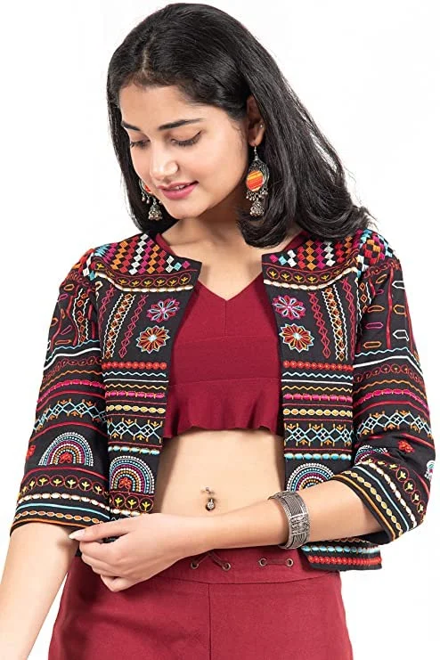 Kaamaha Women's Ethnic Embroidered Work Shrug Jacket Koti JKT 120 BLK new