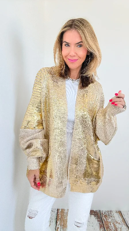 Mirrored Metallic Sugar High Italian Cardigan- Ecru/ Gold