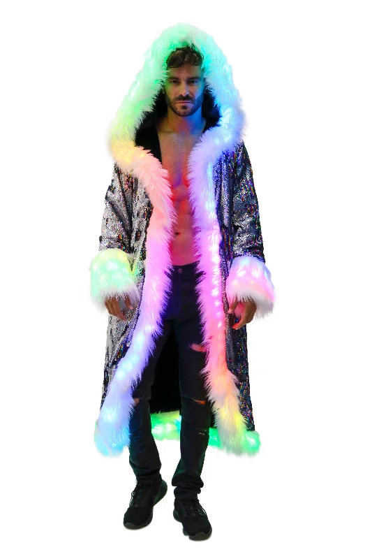 Men's LED Sequin King Coat in ""Silver Hologram- Rainbow Stripe""