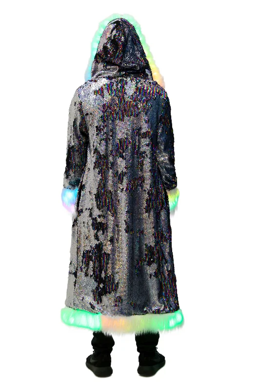 Men's LED Sequin King Coat in ""Silver Hologram- Rainbow Stripe""