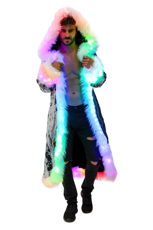 Men's LED Sequin King Coat in ""Silver Hologram- Rainbow Stripe""