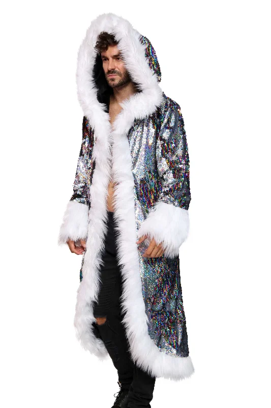 Men's LED Sequin King Coat in ""Silver Hologram- Rainbow Stripe""