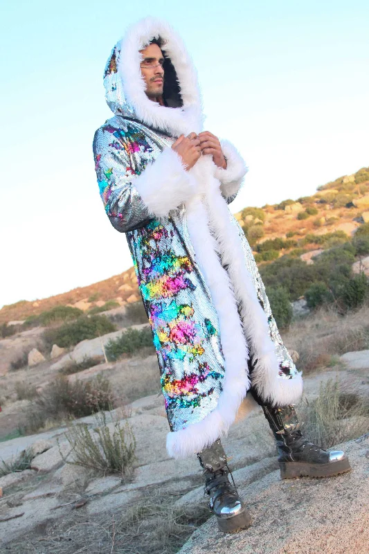 Men's Sequin King Coat in ""Silver Hologram-Rainbow""