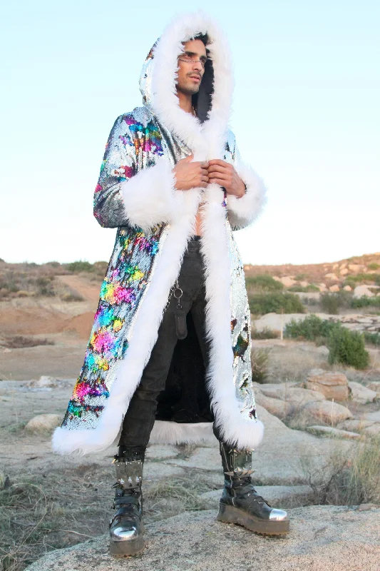 Men's Sequin King Coat in ""Silver Hologram-Rainbow""