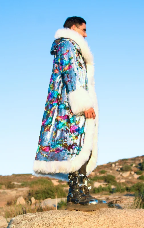 Men's Sequin King Coat in ""Silver Hologram-Rainbow""