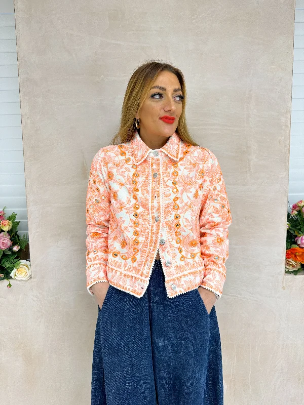 Sequin Mirror Embroidered Denim Jacket In Orange