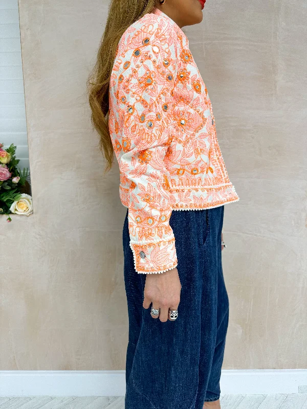 Sequin Mirror Embroidered Denim Jacket In Orange