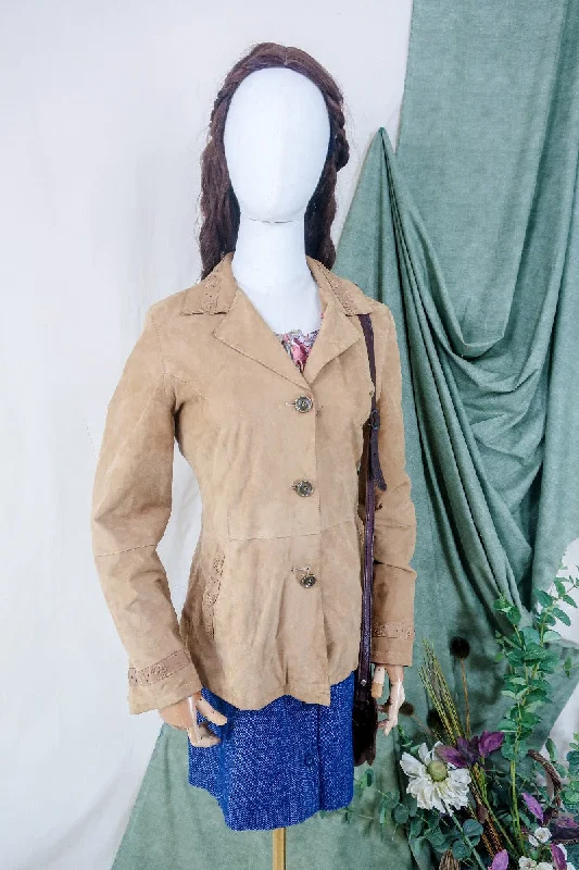 Vintage Suede Jacket - Tan Broderie Anglaise - Size XS