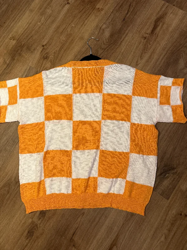 Orange & White Checkered Short Sleeved Sweater